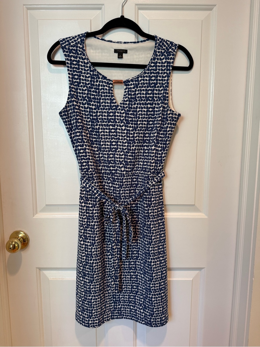 Ann Taylor Navy and White Sleeveless Printed Tie-Waist Dress Sz 4
